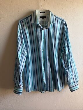 Express Men’s Blue Multi-Stripe Button-Down Shirt